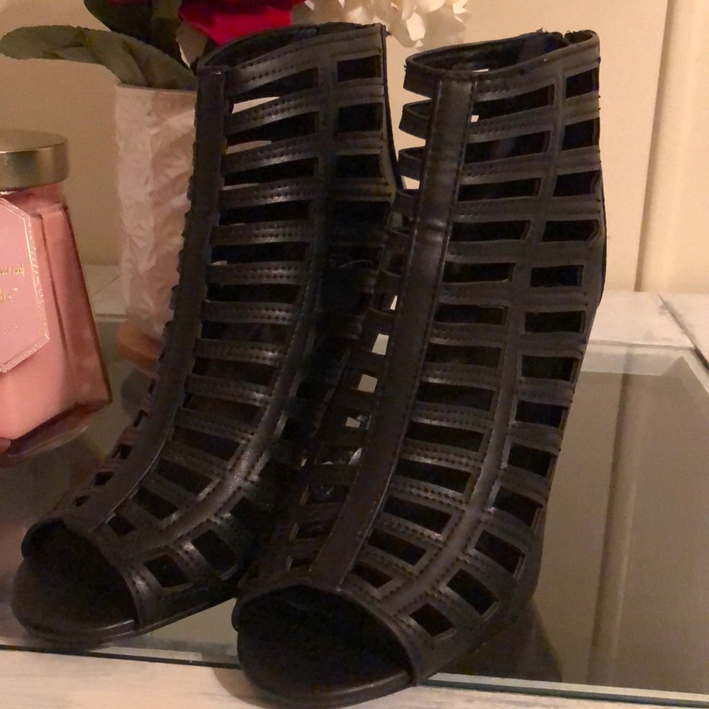 Black Strappy Caged Heels